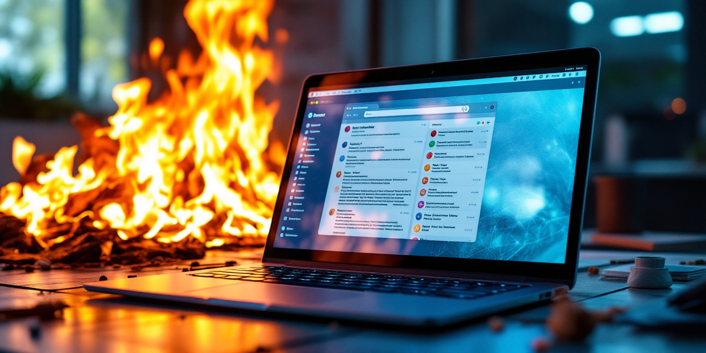 A laptop open to email prov ider with fire in the background