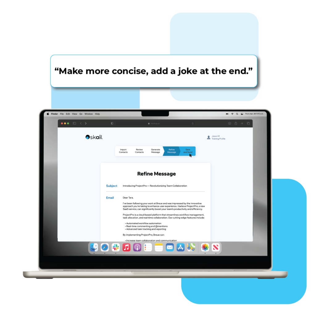 Skail.ai showing how you can adjust the original message with a simple prompt using their platform illustration on a mac laptop.