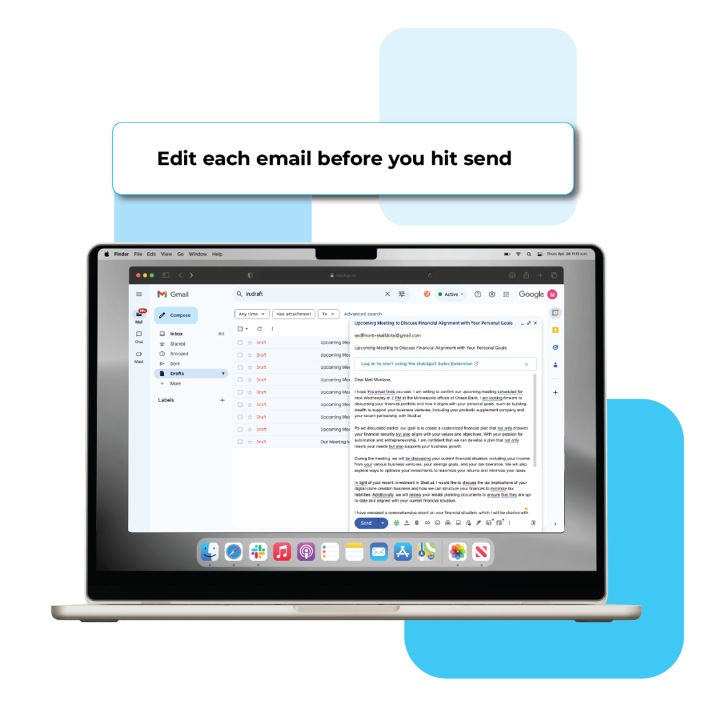 Showing on a mac laptop gmail drafts and how you can edit the emails in drafts before sending