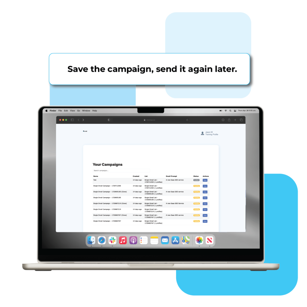 Save your campaign for AI personalized email solutions during sending each time. Illustrated through a laptop computer and campaign screen of skail