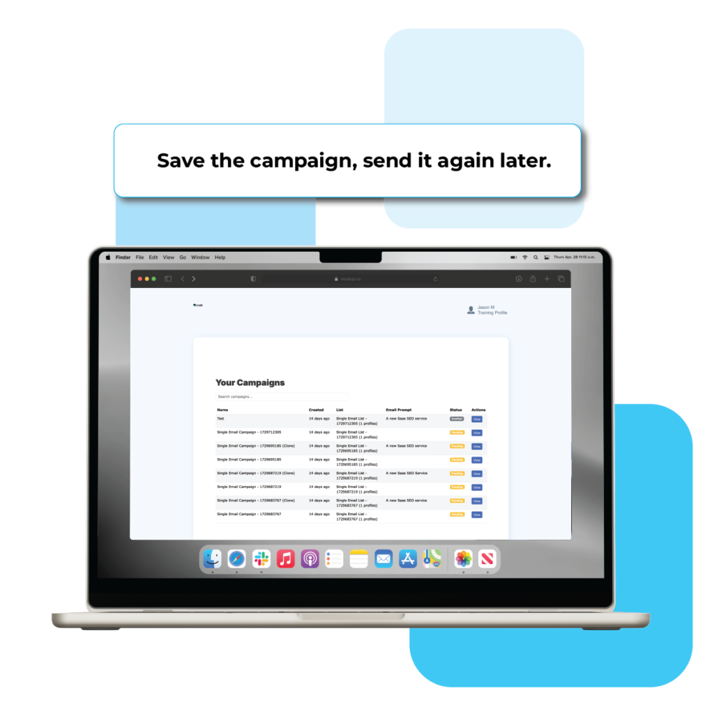 Showign a mac laptop with Skail's repeat campaign screen