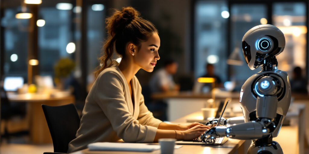 AI Email Assistant / robot standing behind a laptop when a woman is typing up an email