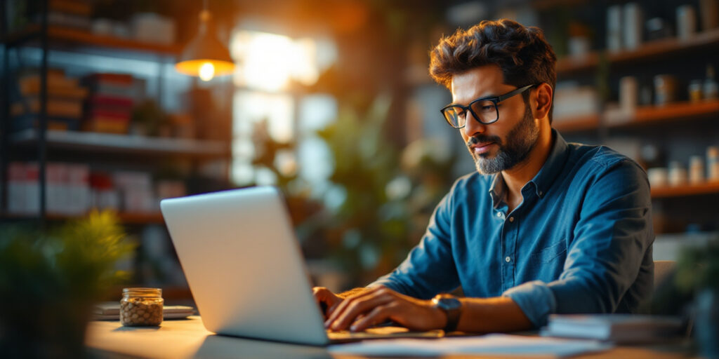 A man writing Email Campaigns for Small Business with a laptop and blurred background full of loaded shelves