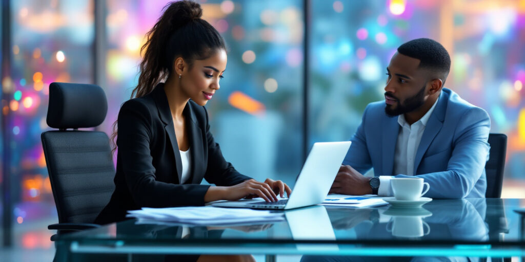 A woman Recruiter writing on her laptop with a candidate across the table