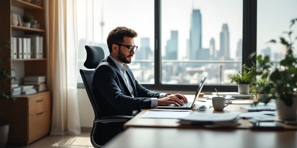 Financial Planner Automated Email being sent from him in his office with the skyline behind him