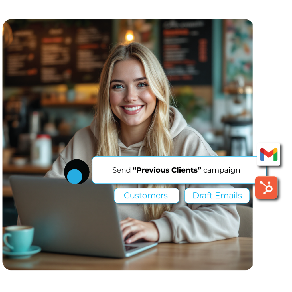 A long blonde haired caucasian woman at a coffee shop working on her computer as a freelancer with a skail campaign of reaching out to clients