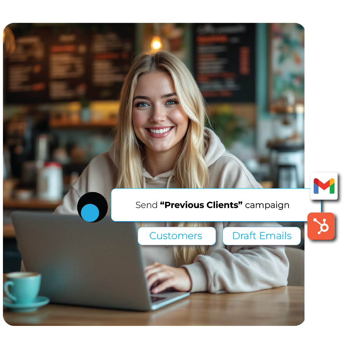 A long blonde haired caucasian woman at a coffee shop working on her computer as a freelancer with a skail campaign of reaching out to clients