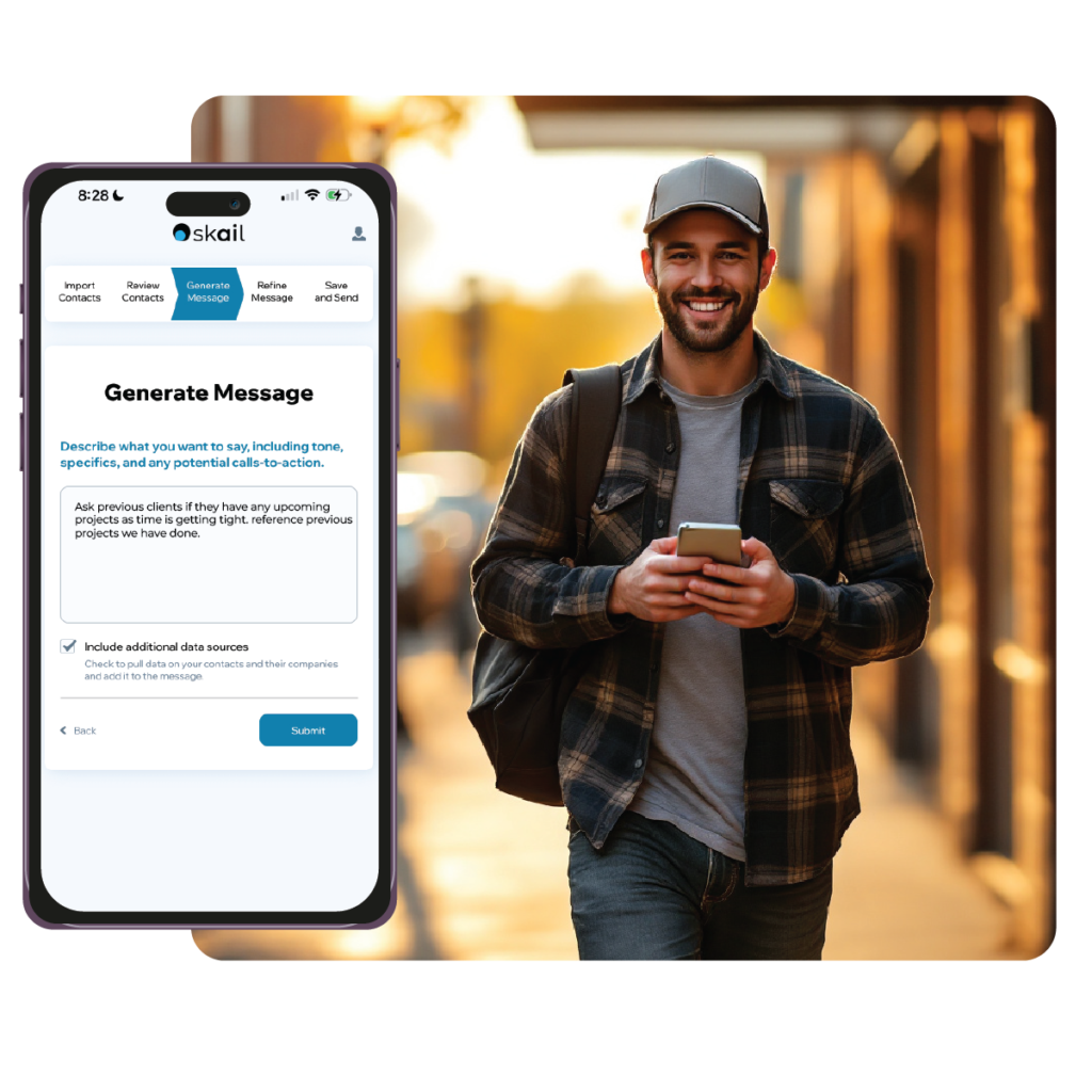 A man in a hat and a flannel walking with his cell phon on the street, an overlay with Skail showing a prompt asking for upcoming project from his clients.