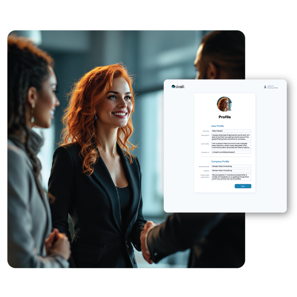 A red haired consultant women meeting with 2 other business individuals with an overlay of Skail's profile builder.