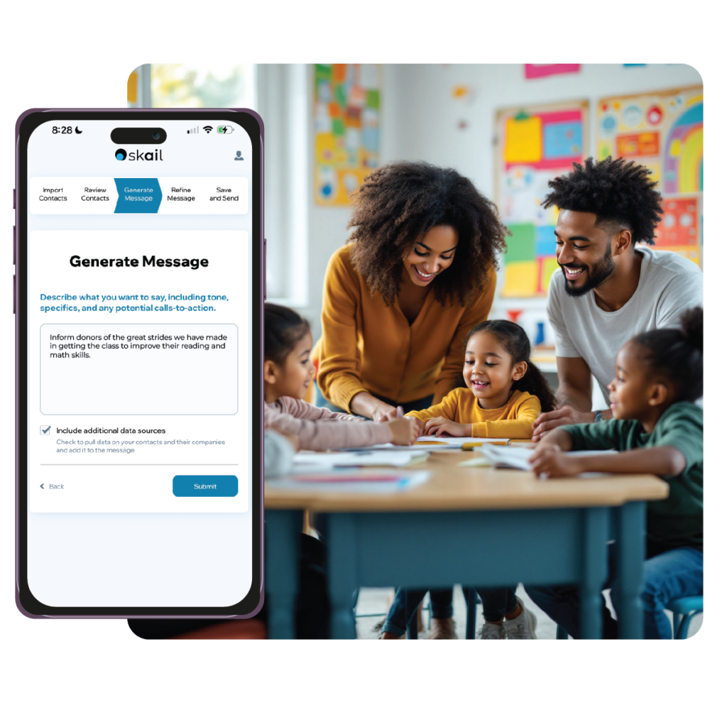 Two adults helping kids in a classroom with a product shot of skail sending an email updating donors on the progress