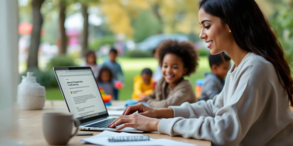 A woman writing a fundraising email with kids in the background