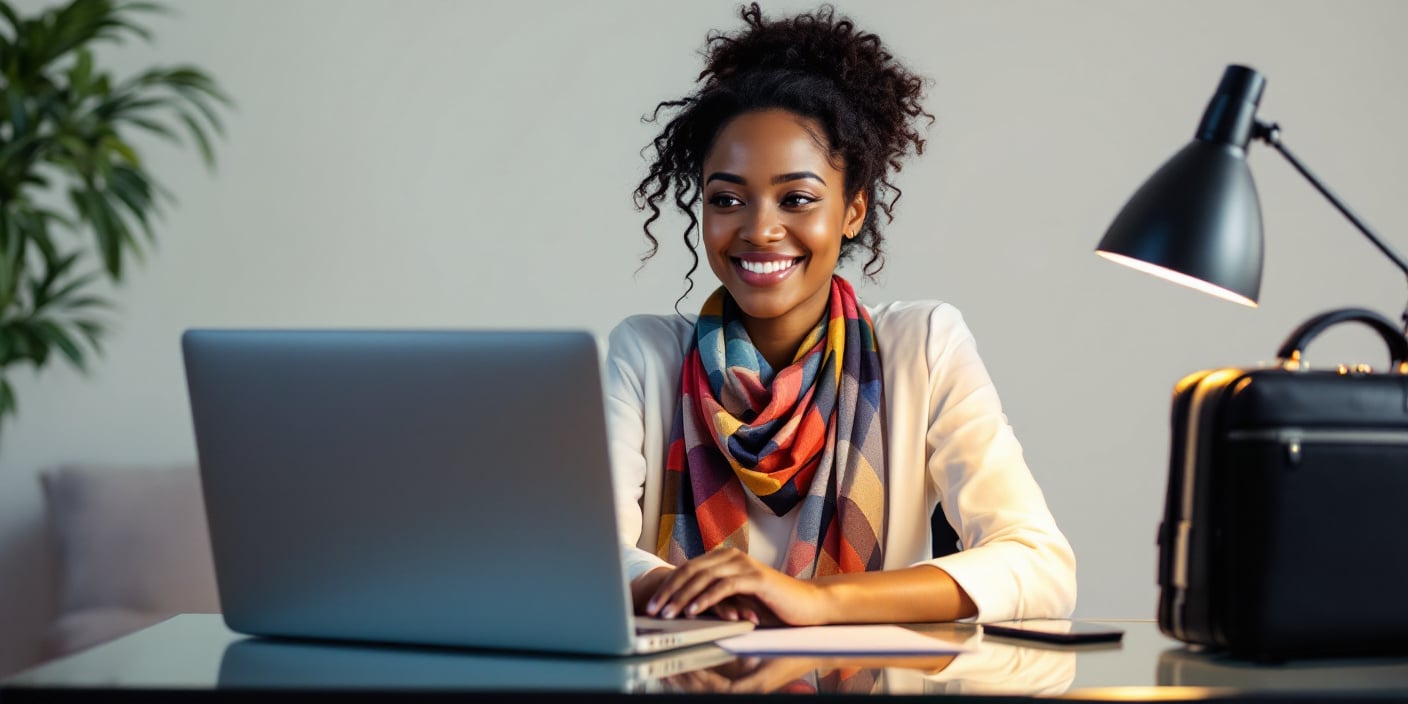 A woman writign a thank you letter with a computer in front of her a lamp on and smiling