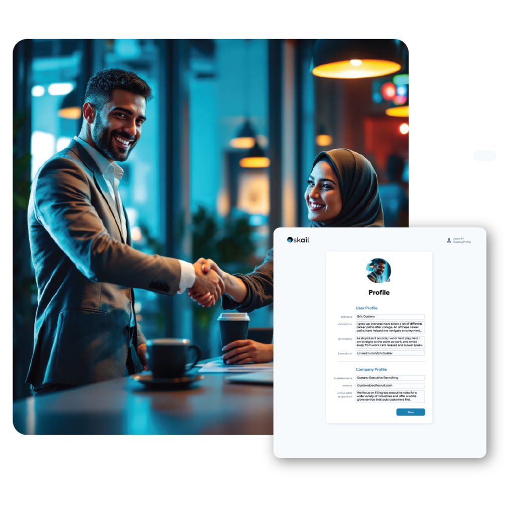 A man shaking hands with a middle eastern woman with Skail's profile builder layered on top