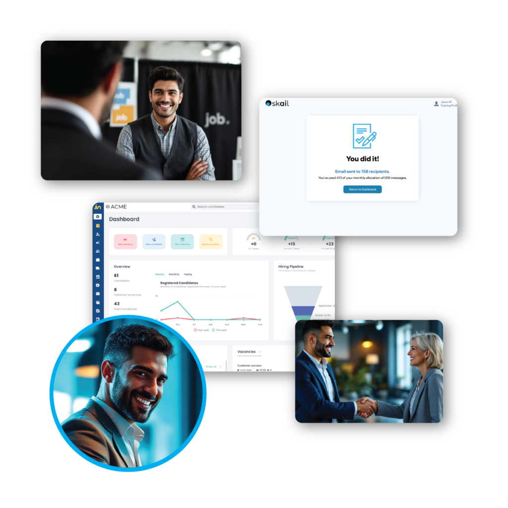 A collage of a recruiter and their tasks, showing a job fair, a campaign launch, candidate tracking, and a deal closed