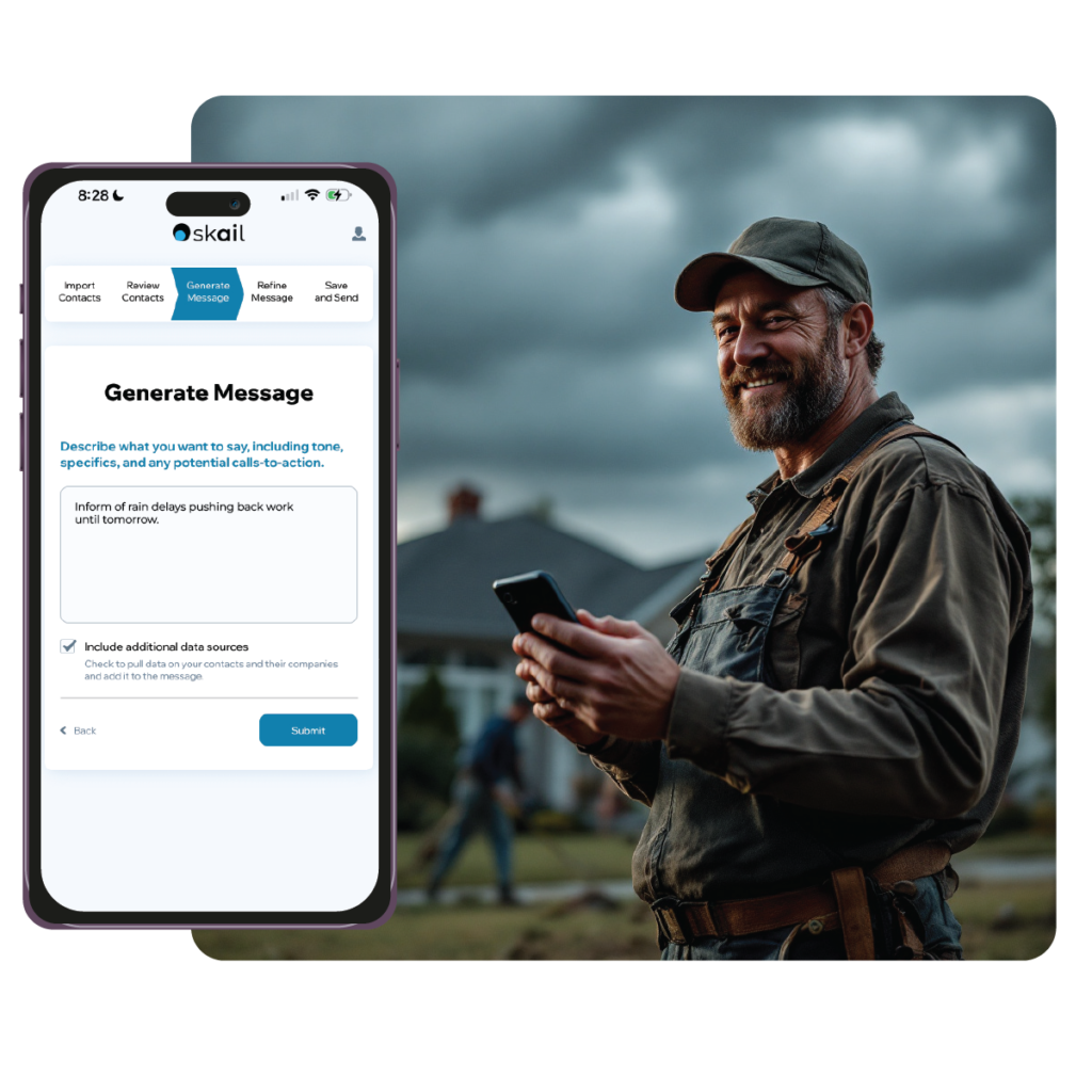 A landscape business owner at a residential house with his coworks with a storm rolling in. On his phone and the overlay of skail mentions to tell customers of a delay due to weather