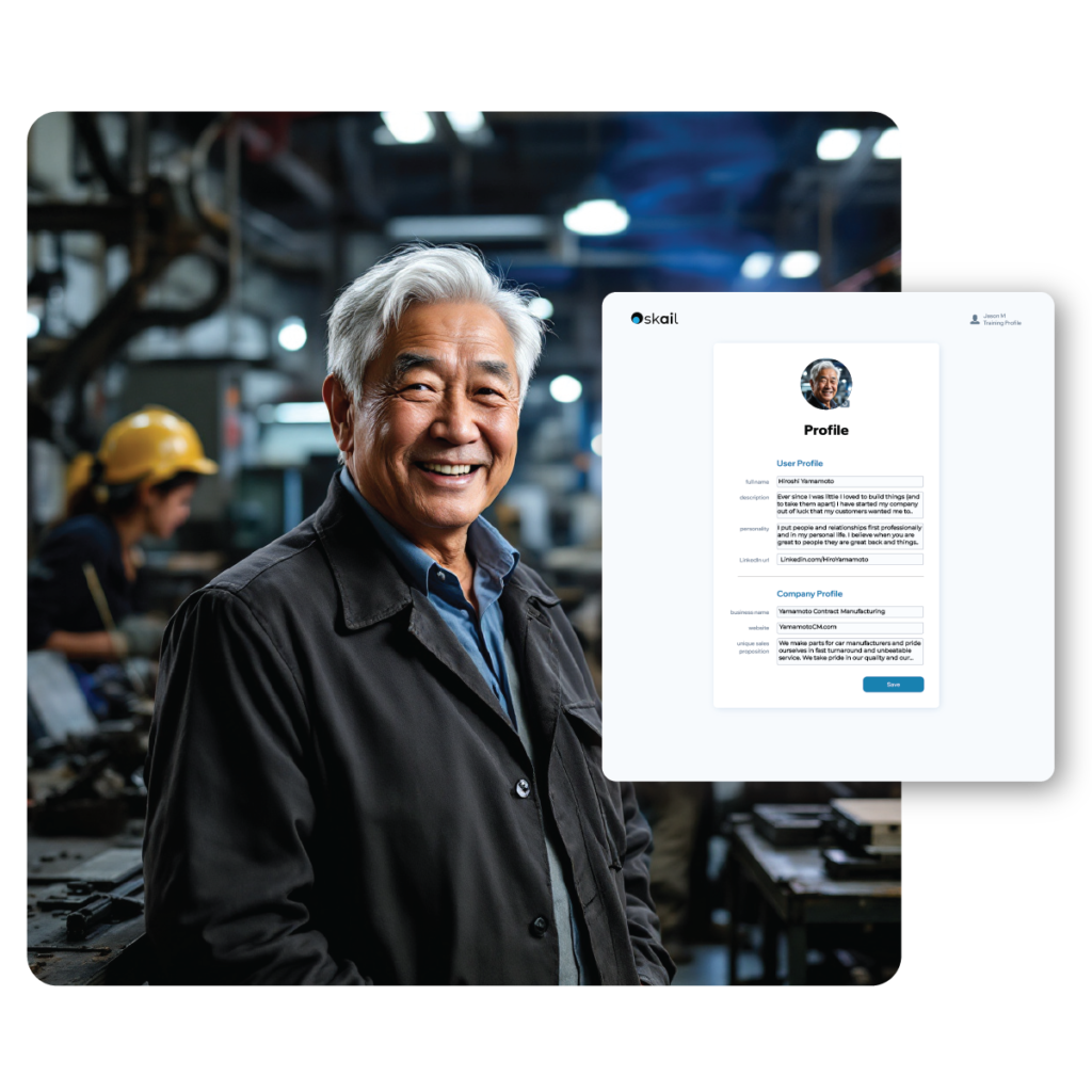 A nicely dressed business owner of Asian descent in a manufacturing warehouse with an overlay of Skail's profile builder