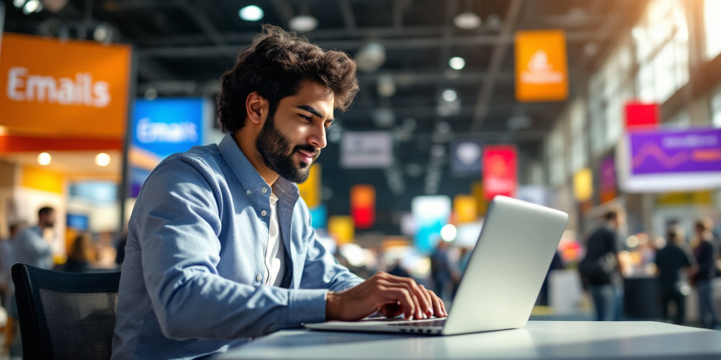 A man writing Trade Show Follow-Up Emails while still at the trade show as seen in the background