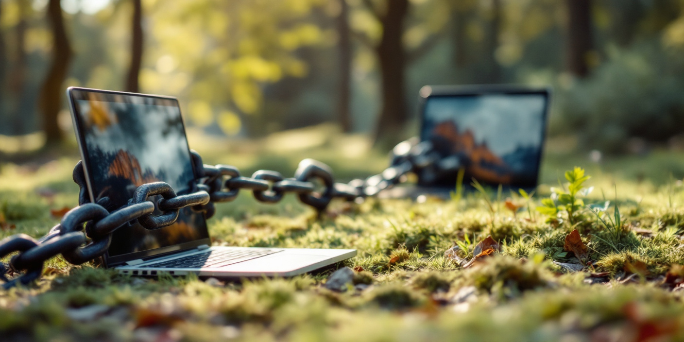 Two laptop computers attached via chain in the woods symbolizing email outreach for backlinks