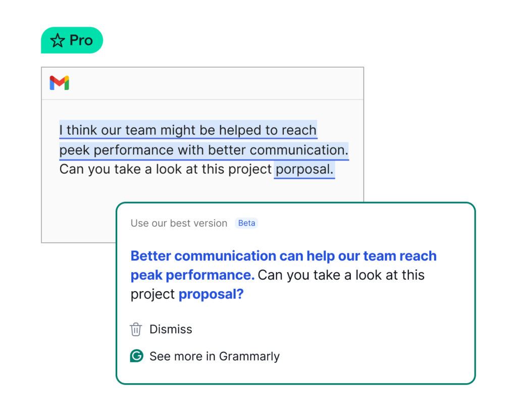 Grammarly AI email Assistant showing a grammar correction in email