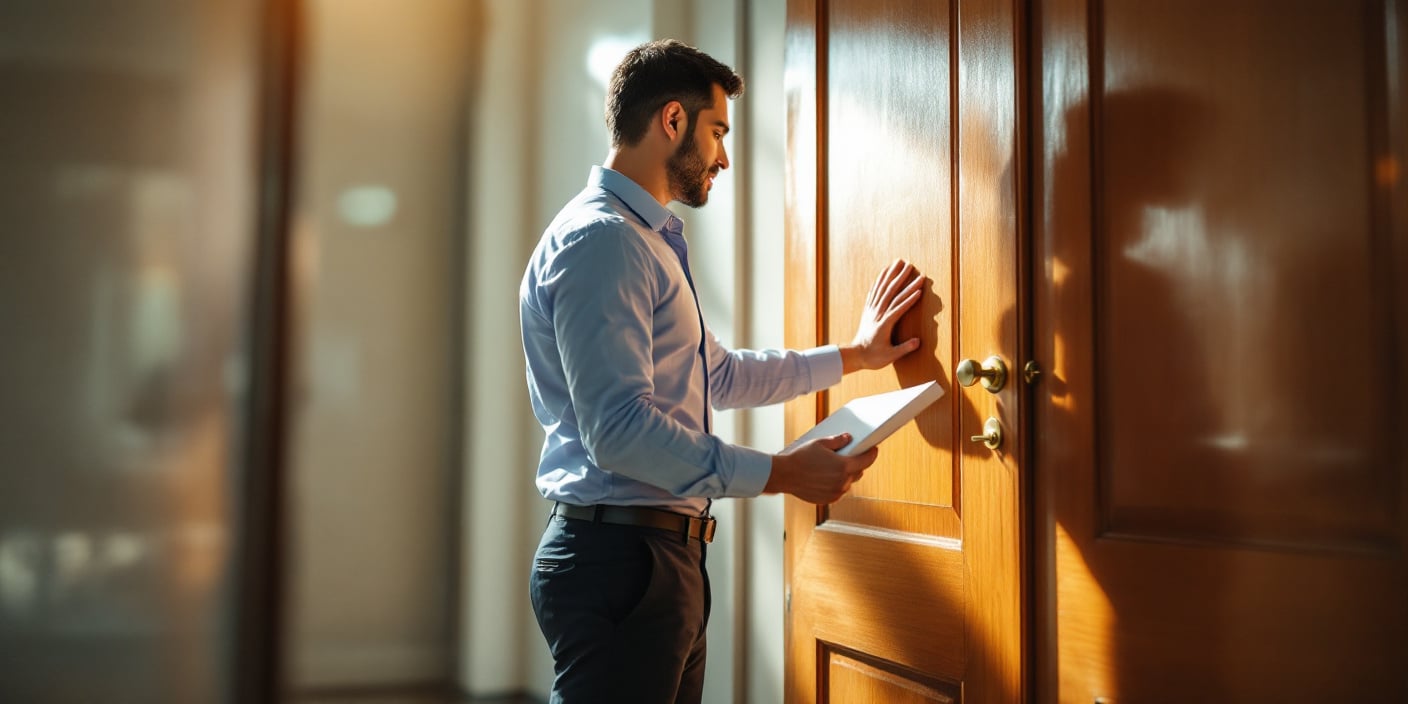 A man with a letter knocking on a closed office door