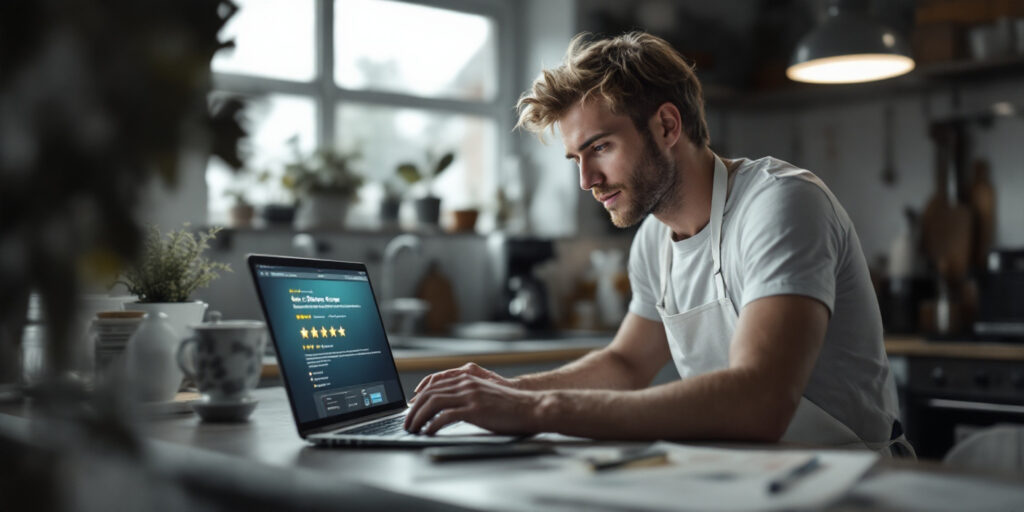 A blond male in an apron and a white shirt in a kitchen on the computer where there is a five star review