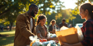 Volunteer outreach helping a non-profit gain helpers for their cause in an outdoor park packing supplies