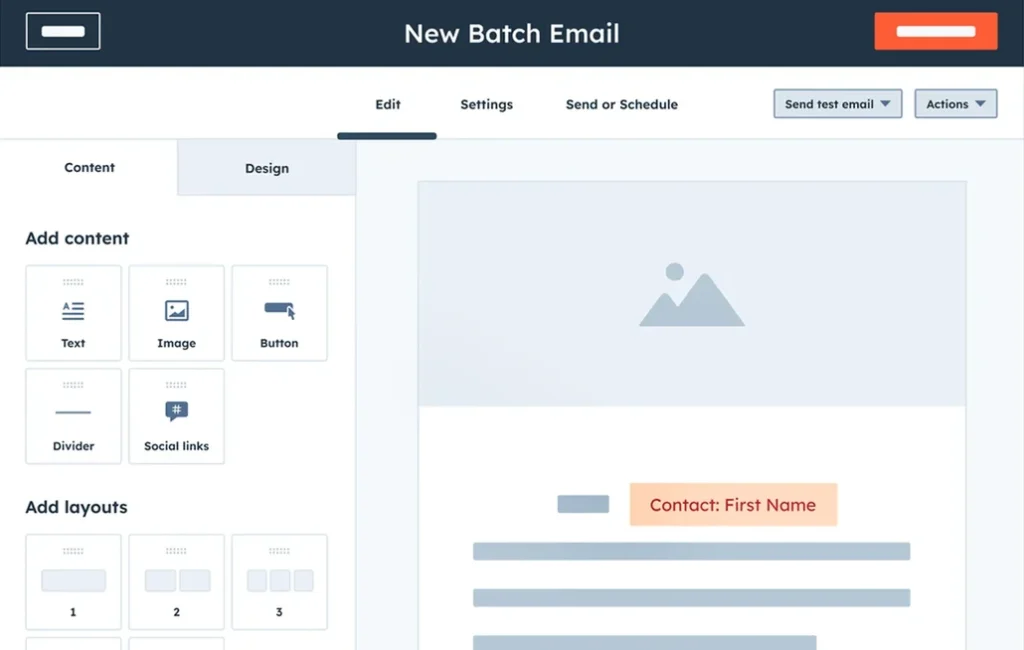 Hubspot email creation screen