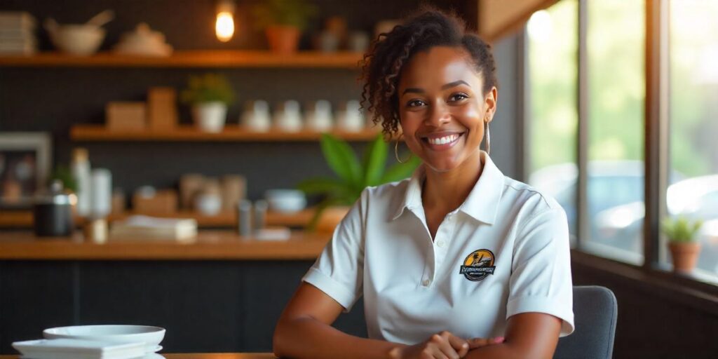 A small business restaurant owner at a dining table and bar in the background