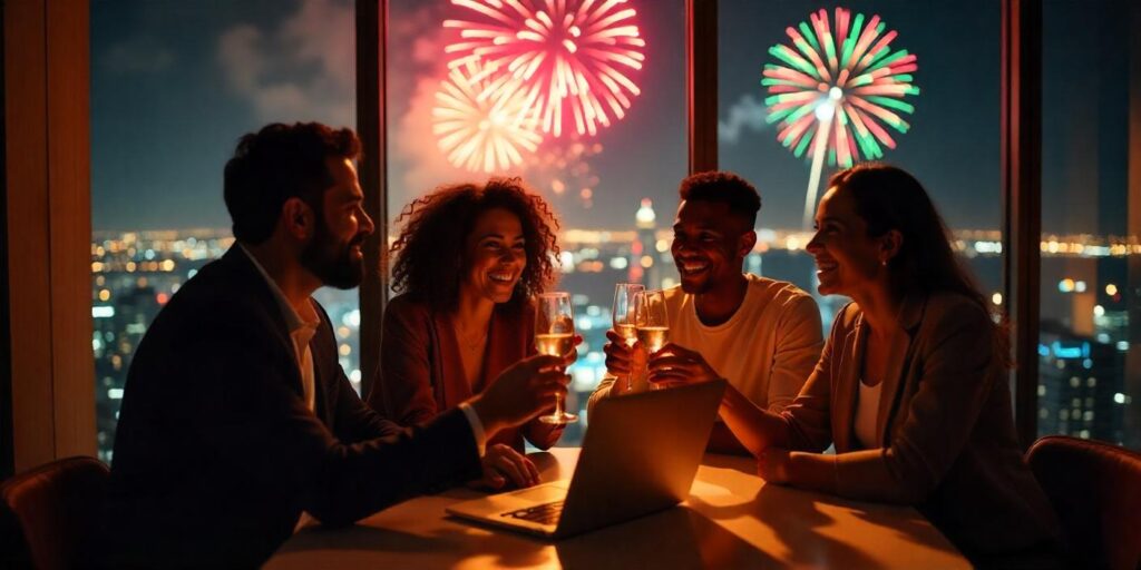 Happy new year company email received as a group of co-workers on a skyscraper are cheering each-other with fireworks in the background.