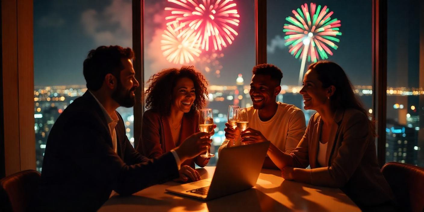 Happy new year company email received as a group of co-workers on a skyscraper are cheering each-other with fireworks in the background.