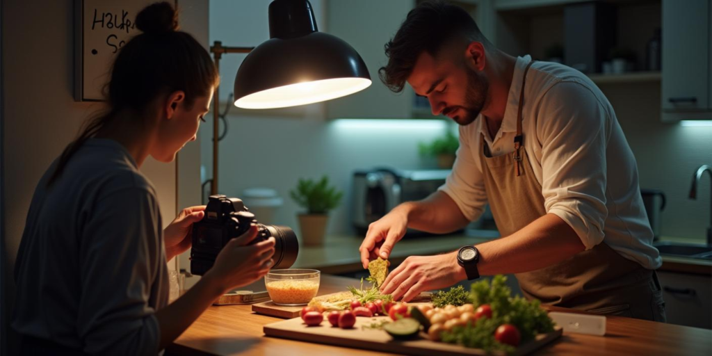 How to Become a Food Influencer picture of a man in the kitchen under a spotlight and a woman with a camera filming it.