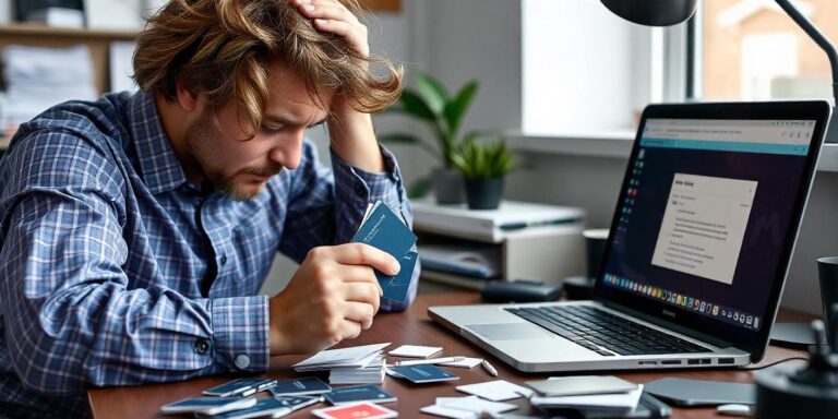 How to Send a Follow-Up Email After a Networking Event illustrated with A man looking stressed out with his hair all over from him pulling at it holding a handful of wallet-sized business cards as well as business cards on his desk scattered and looking down at his laptop computer that has his email provider open