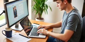 how to send an introductory email to a recruiter illustrated with a college student looking up a recruiter on his laptop writing.