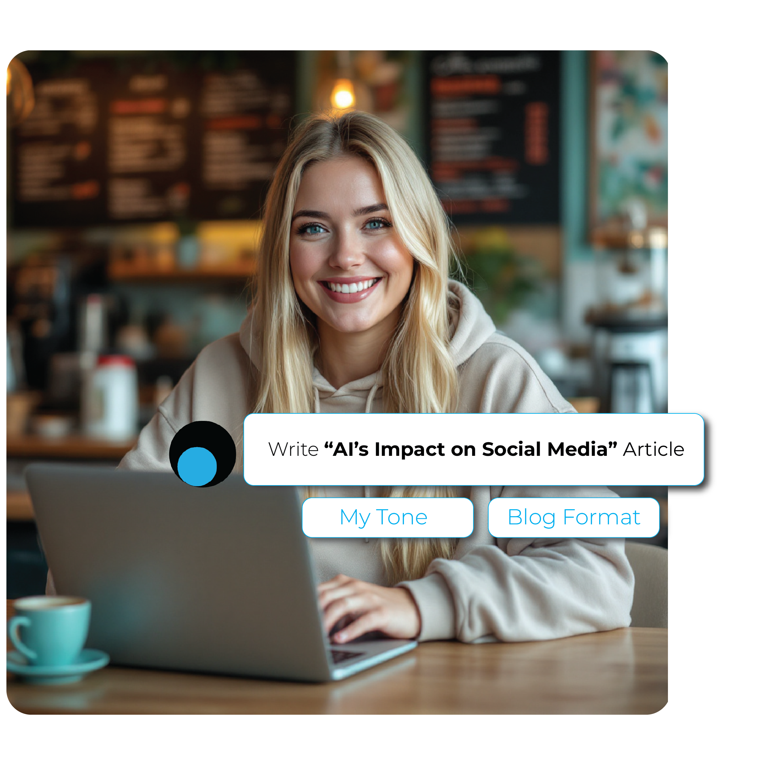 Am blonde haired woman at a coffee shop with a hoodie on her laptop. There is a Skail logo that says " Write a blog on AI's impact on Social Media"