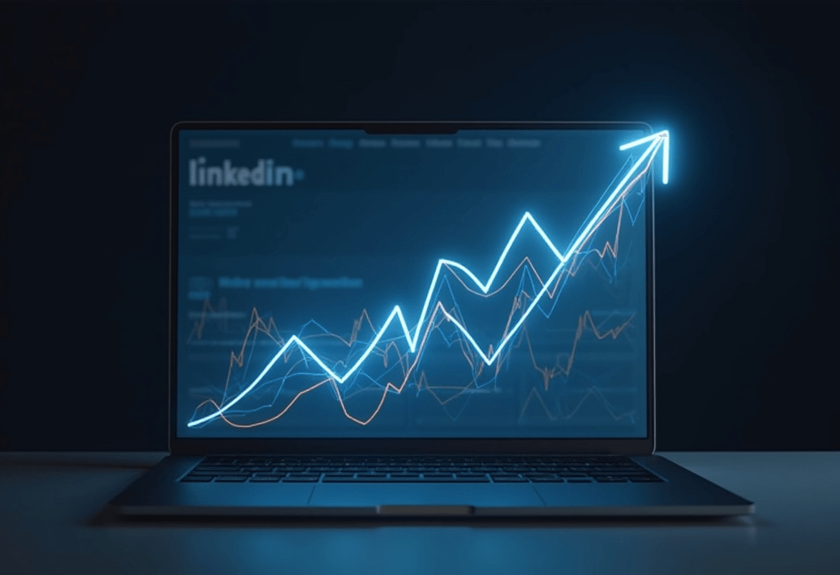A laptop with a screen open to linkedin social media platform, and out of it has a glowing floating graph that is getting bigger