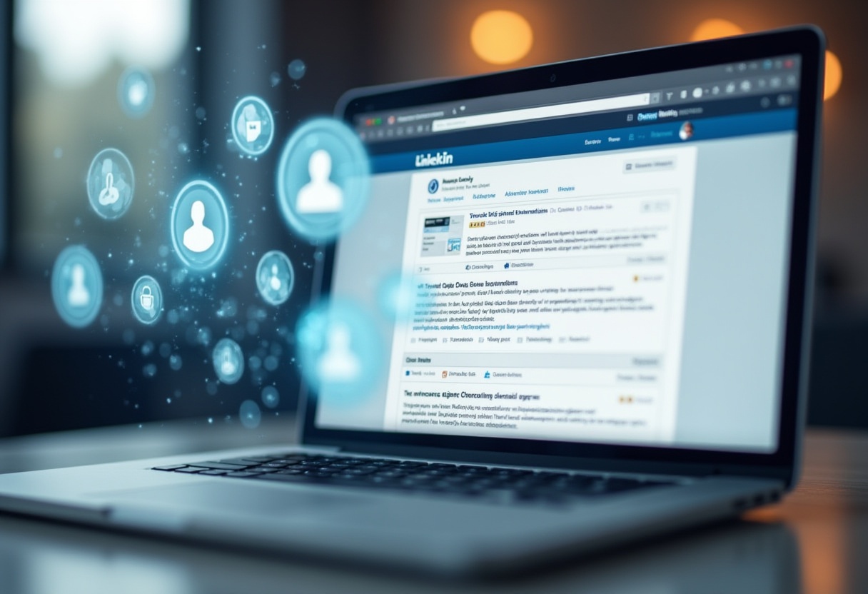 An employee Advocacy linkedin program on a screen with connection icons floating out of it