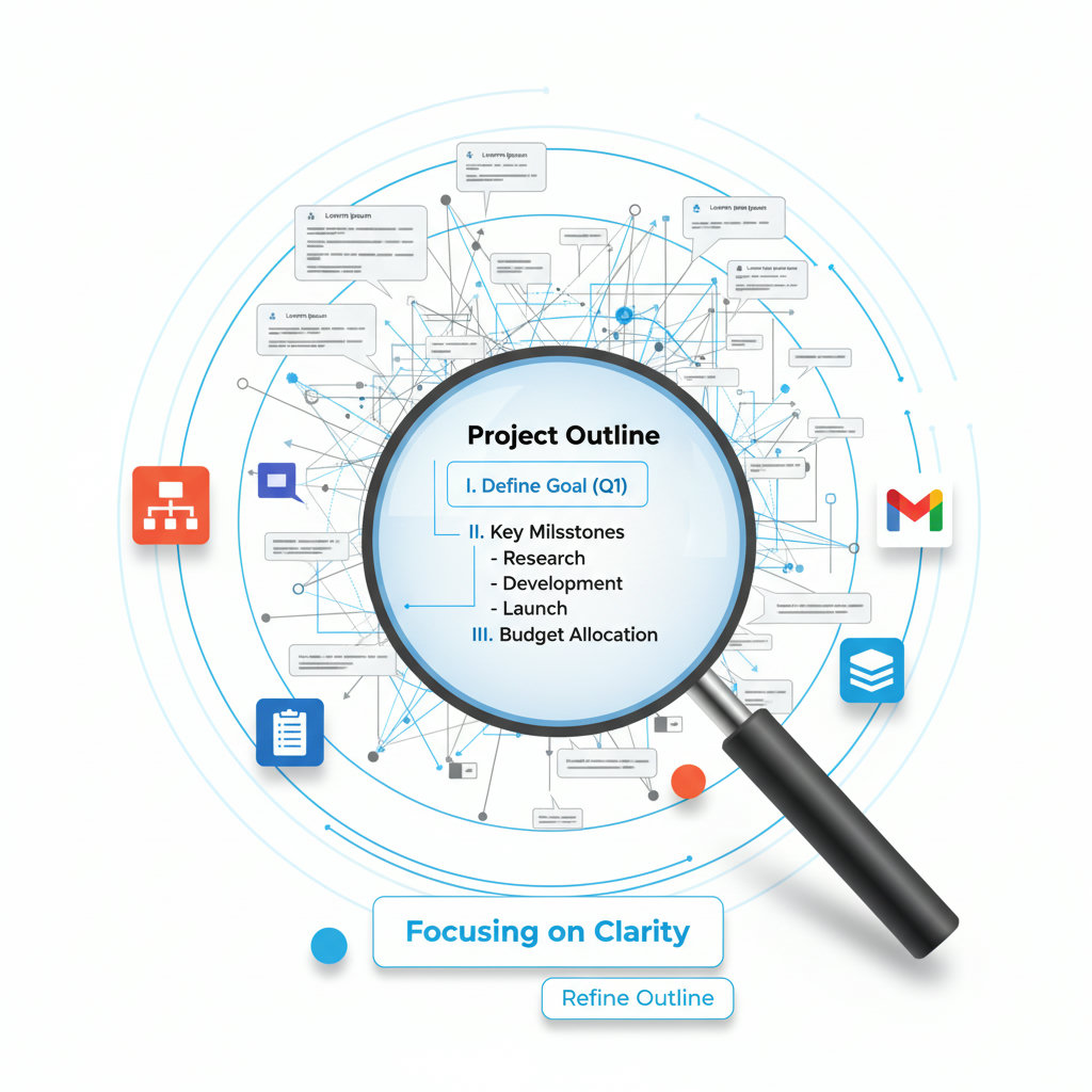 A magnifying glass highlighting essential elements within a cluttered space, illustrating the concept of focusing on brevity and clarity in outlining.