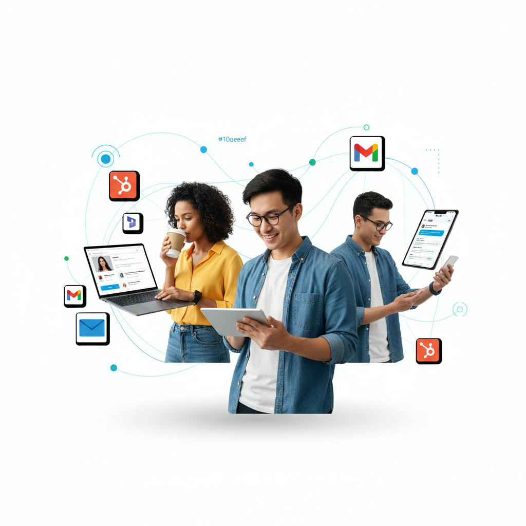 A diverse group of people engaged in various digital activities, such as browsing on laptops, interacting with tablets, and looking at smartphones, all connected by subtle digital lines or a faint network overlay, symbolizing the 'digital frontier' and content landscape.