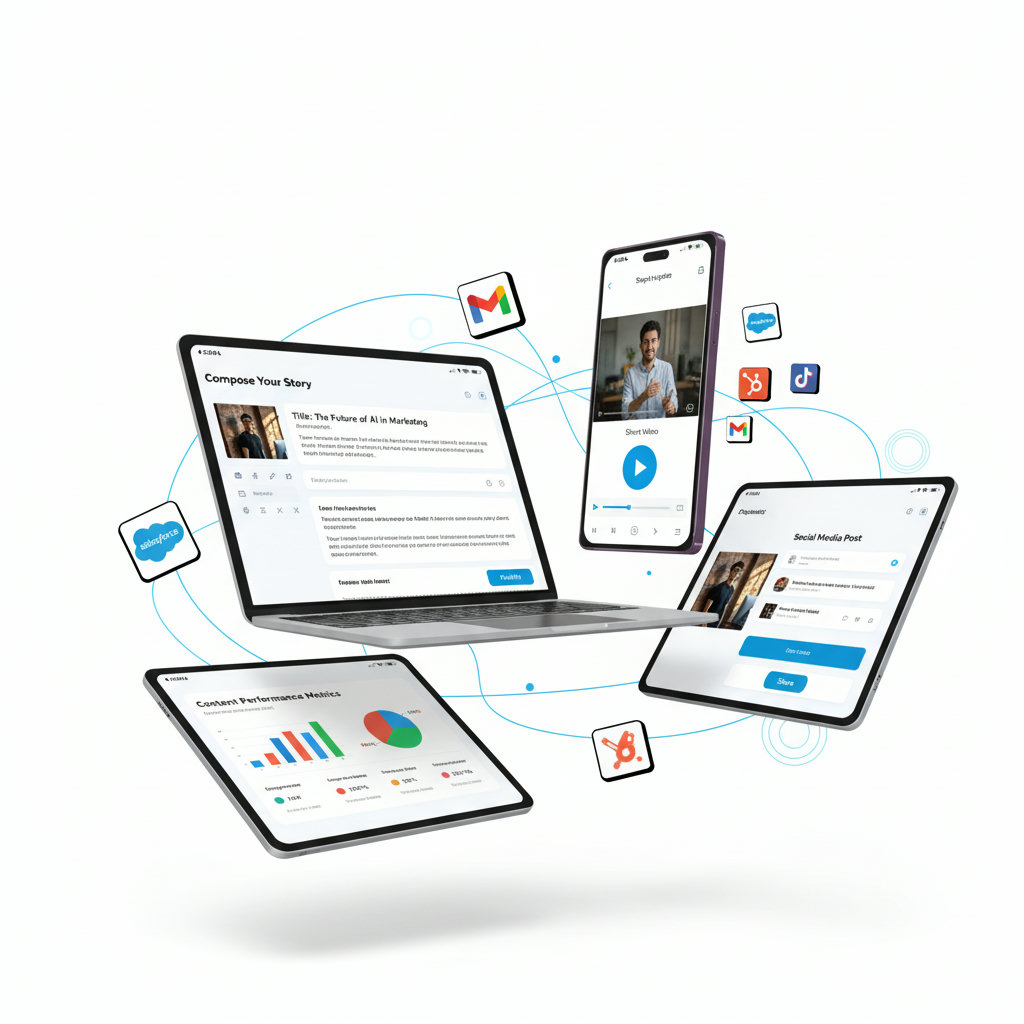 A dynamic collage of different content formats: a blog post, a short video playing on a phone, an infographic, and a social media post, all flowing together to represent 'Format Selection' within content creation.