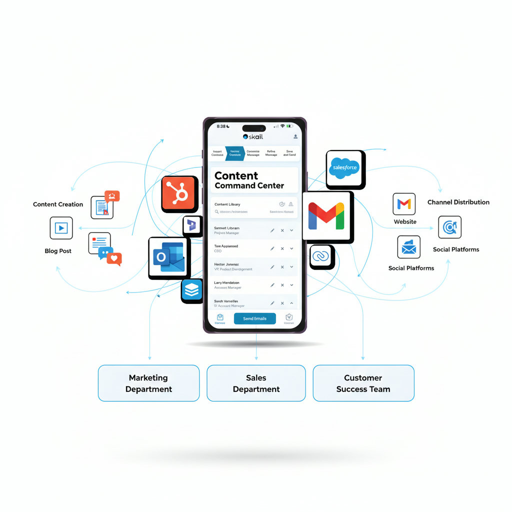 A visual representation of a 'content hub' as a central command center, with various content types (blog posts, videos, social media) flowing into and out of it, connecting different departments like marketing, sales, and customer success. This should convey organization and streamline.