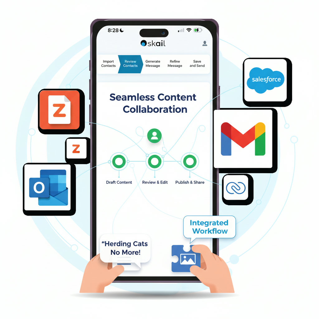 An image depicting improved collaboration and workflow, perhaps with team members seamlessly working together on content, represented by interconnected icons or a smooth assembly line, contrasting with the 'herding cats' analogy.