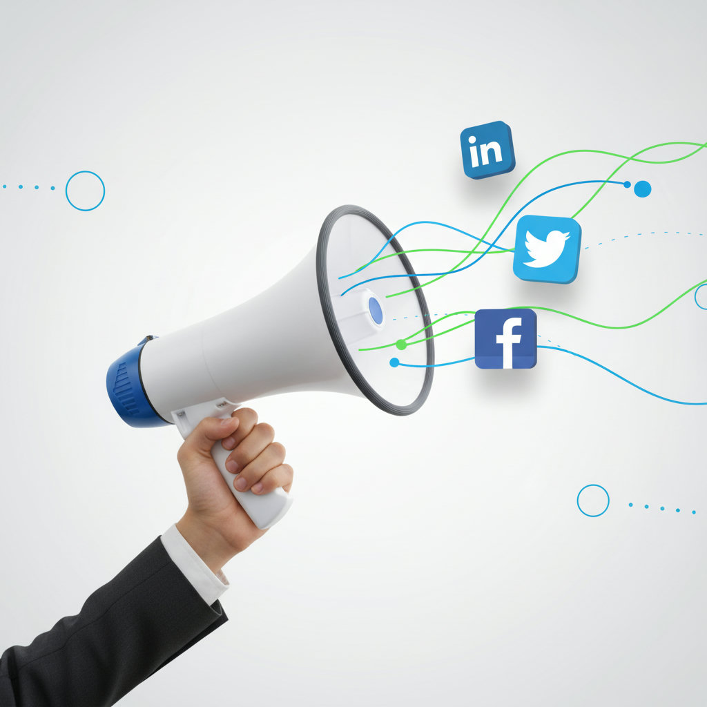 A visually striking representation of an employee's hand holding a megaphone, with social media icons (LinkedIn, Twitter, Facebook) emanating from it, symbolizing amplification of brand message through employee sharing.