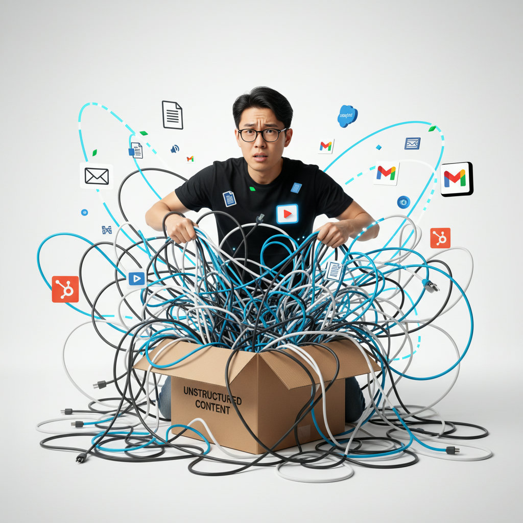 An image illustrating a chaotic tangle of ropes or wires, with a confused employee trying to untangle them, representing the complexity and overwhelm employees face when asked to share too much unstructured content.