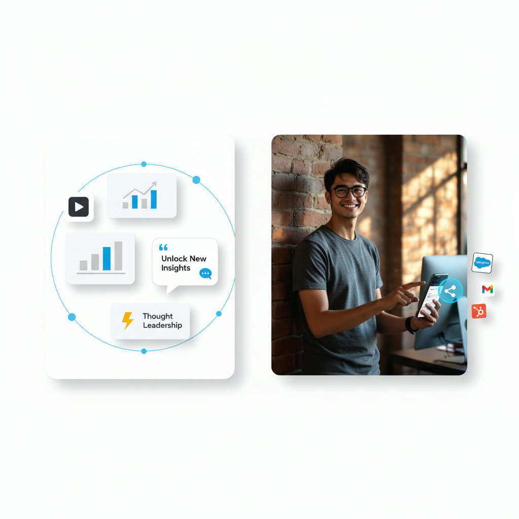A split image. On one side, various 'snackable' content formats like a small video play icon, a miniature infographic, a quote bubble, and a lightning bolt for thought leadership, arranged neatly. On the other side, a person effortlessly clicking a share button.