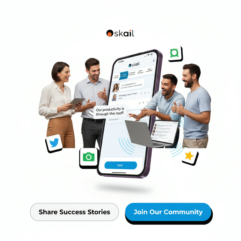A diverse group of people (employees, customers, partners) enthusiastically sharing positive messages about a small business. Emphasize organic, genuine interactions rather than staged advertisements.