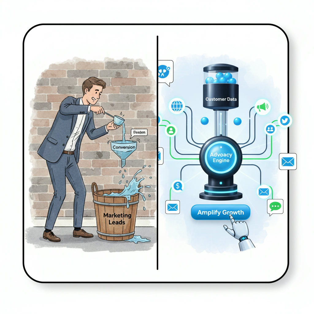 A visual metaphor depicting traditional, manual marketing efforts (e.g., someone laboriously bailing water with a teacup) versus modern, automated advocacy (e.g., a sleek, efficient machine or system effortlessly propelling the business forward).