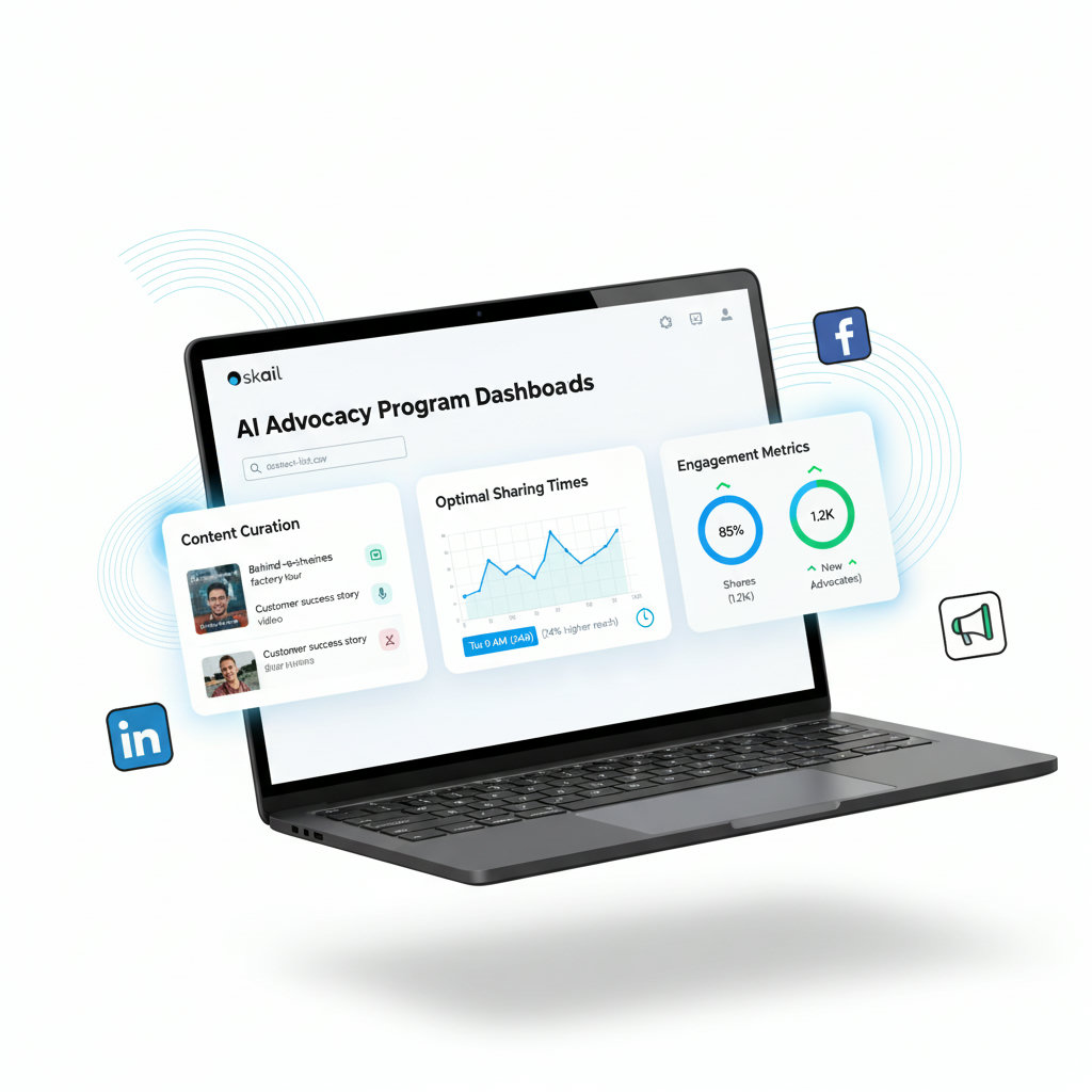 Show an AI-powered system or interface effortlessly curating content, suggesting optimal sharing times, and tracking engagement metrics for a small business's advocacy program. This should convey ease, efficiency, and intelligence.