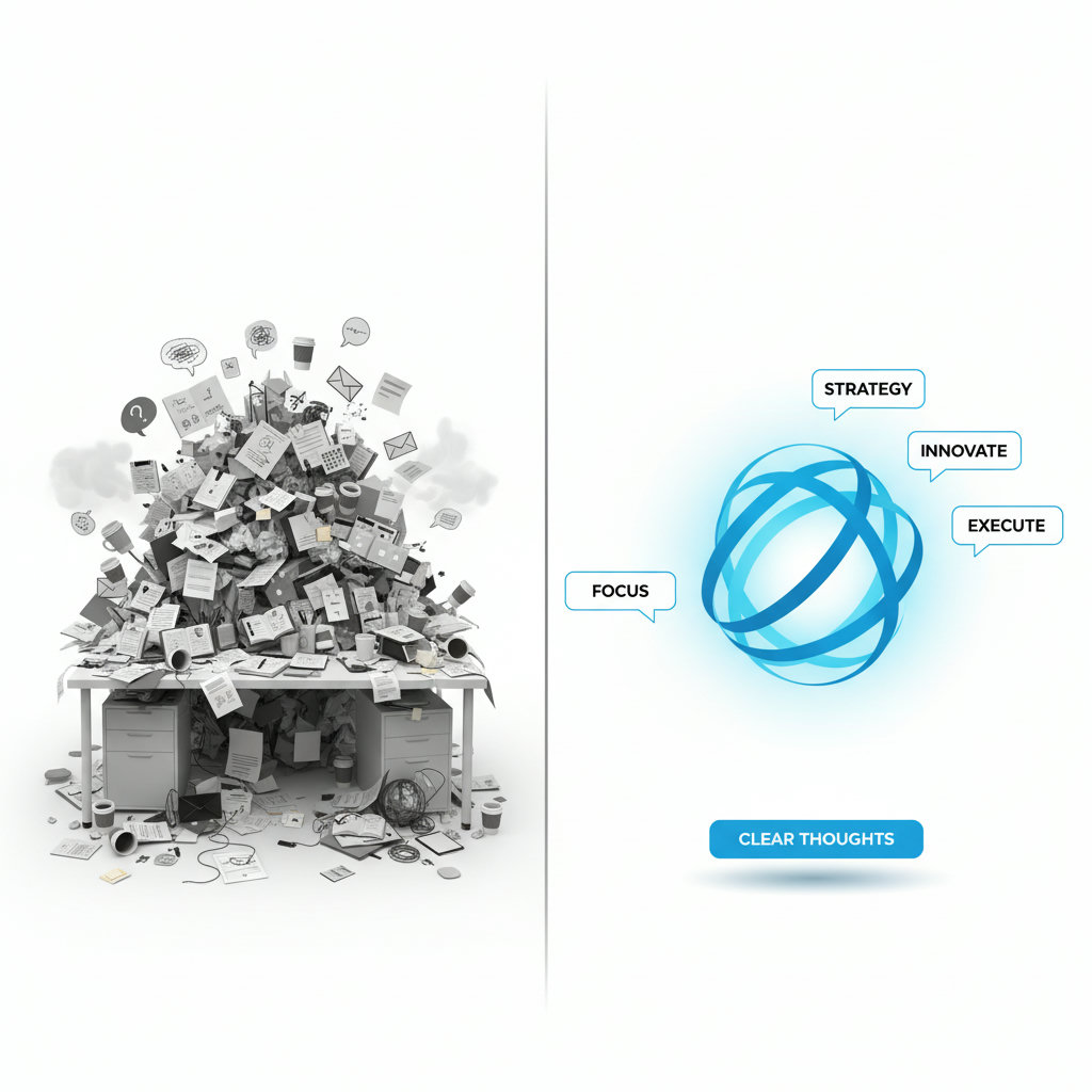 An image depicting the concept of 'intellectual decluttering,' such as a desk being cleared of superfluous items to reveal a single, significant object, or a mind being streamlined from chaotic thoughts to clear ideas.