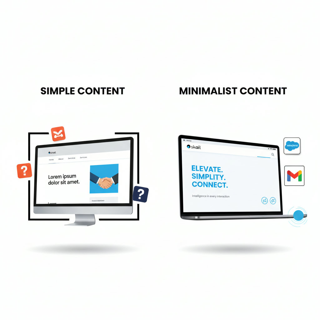 A visual contrast between 'simple content' and 'minimalist content,' possibly using two juxtaposed images: one showing a basic, uninspired design, and the other a sleek, elegant design that conveys profound meaning with minimal elements.