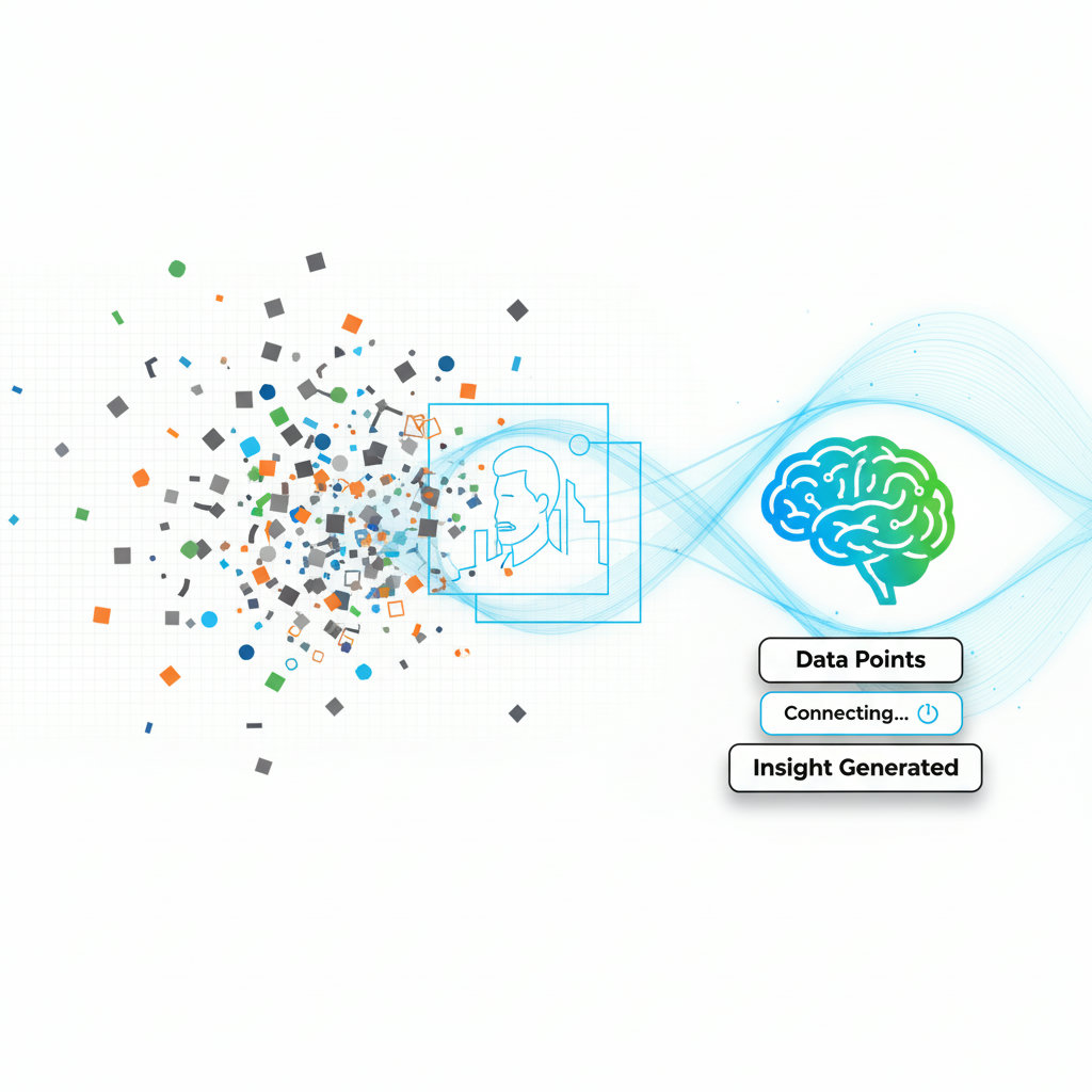 A visual metaphor depicting raw, scattered data points transforming into a clear, comprehensive picture or a connected network, symbolizing the transition from data to insight.